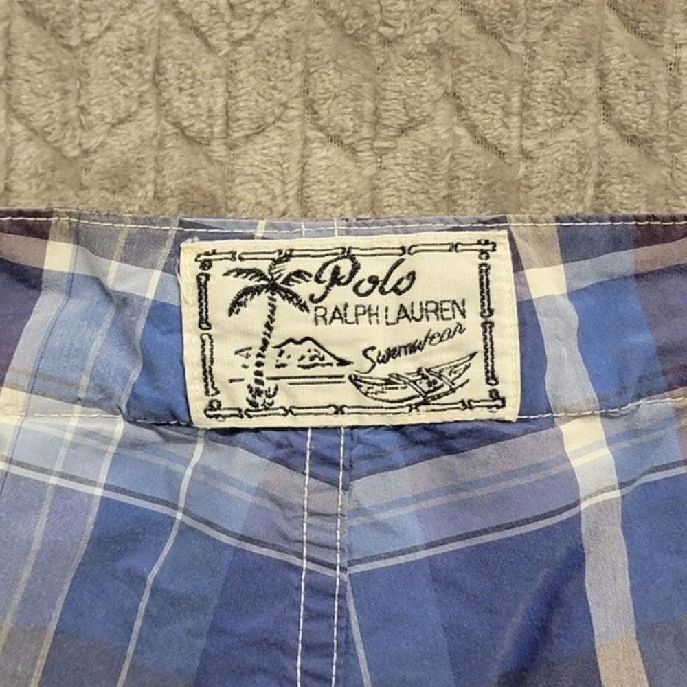 Polo Ralph Lauren Board Shorts Swim Trunks Size 38 Plaid Blue White /Orange Pony